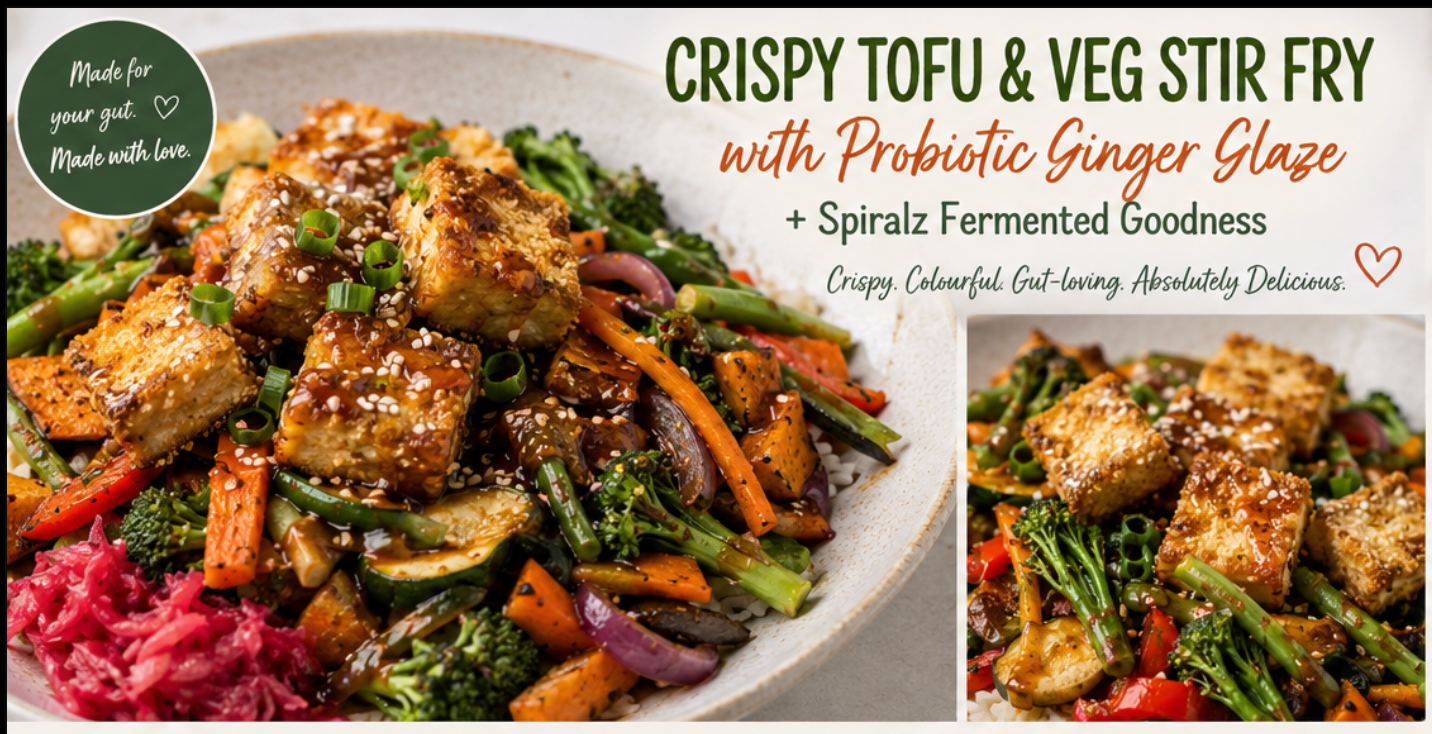 Crispy coated tofu with colourful stir-fried vegetables, probiotic ginger glaze and Spiralz fermented sauerkraut.