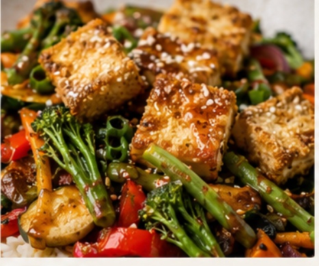 Crispy tofu stir fry with Spiralz probiotic ginger glaze.