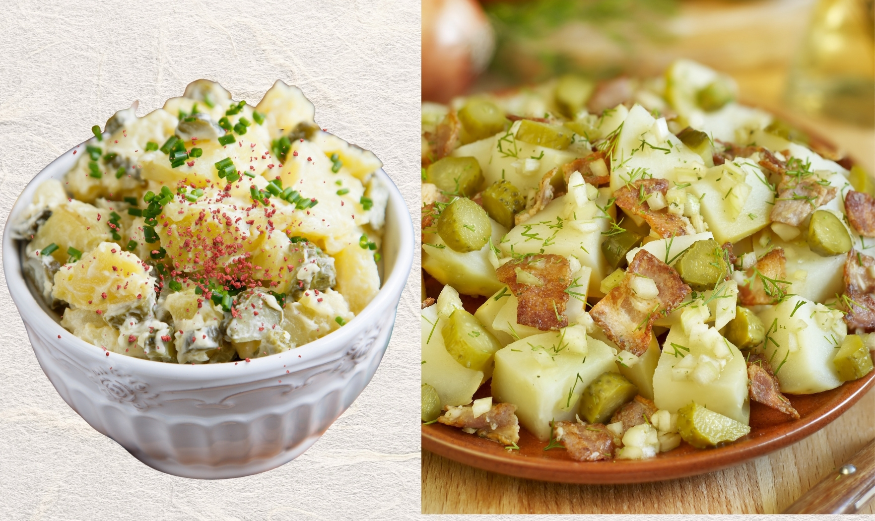 Potato salad with plant-based “facon”, dill and pickles with Spiralz German Sauerkraut Juice.