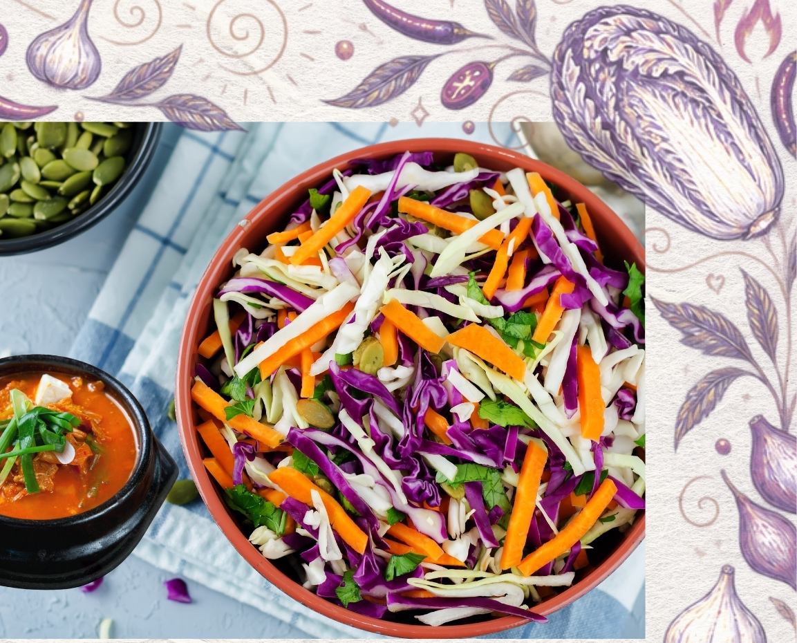 Spicy cabbage slaw with carrots and green onions with Spiralz Hot Kimchi Juice.