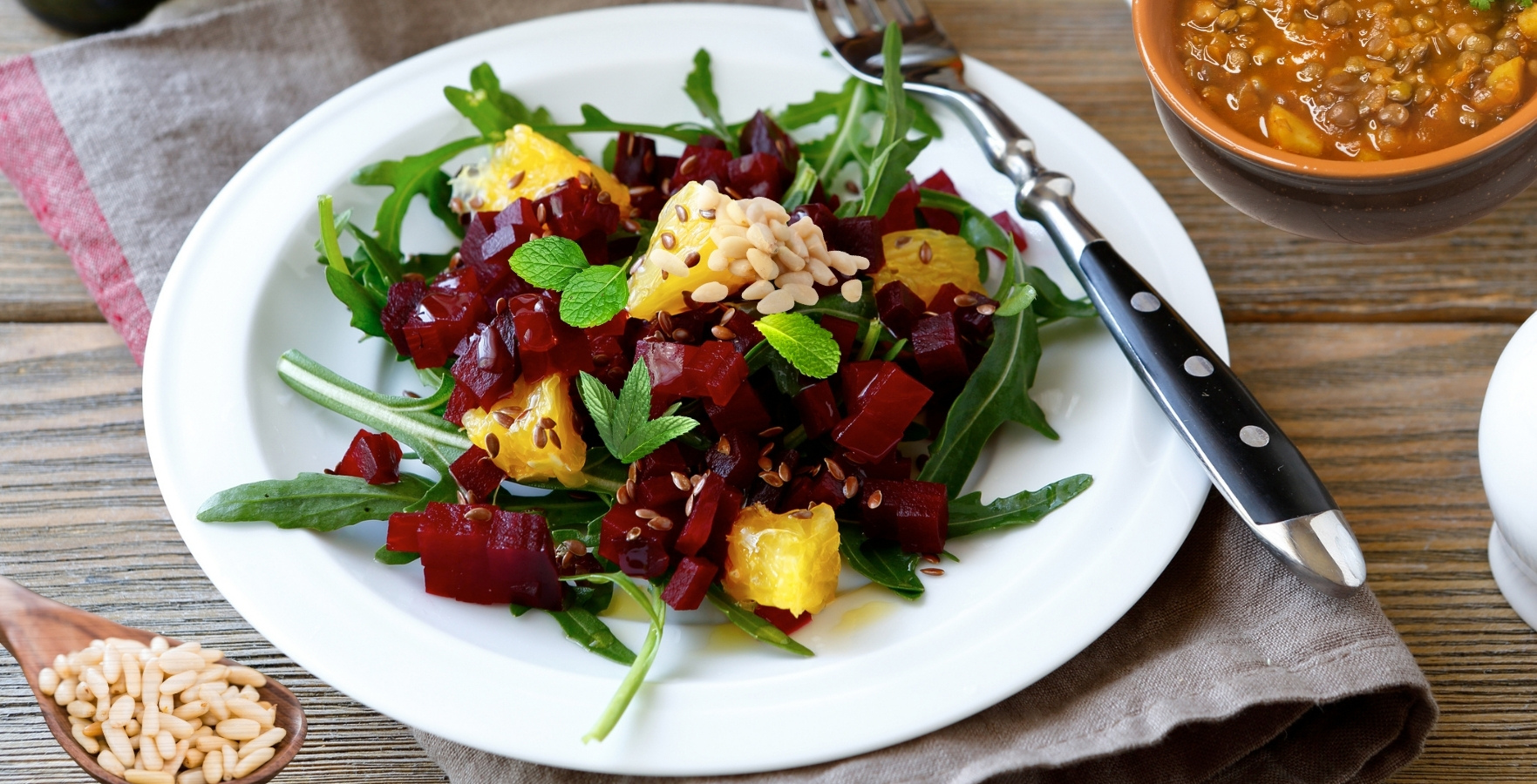 Beet and orange salad with mint with Spiralz Traditional Beet Kvass.
